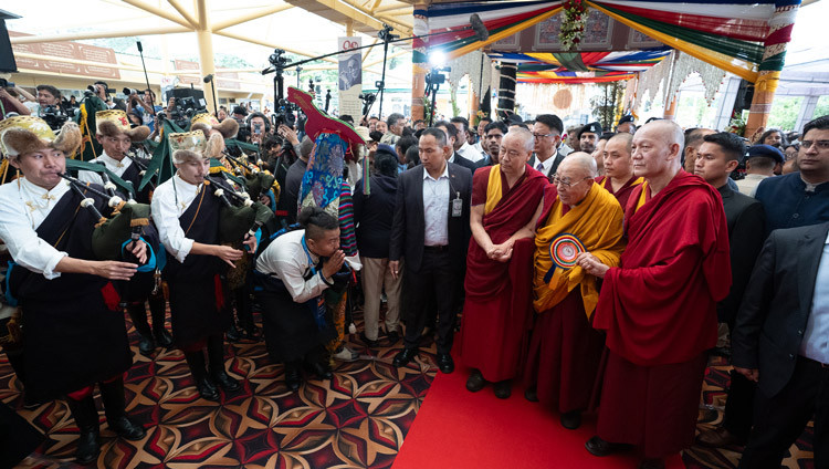 Tibetan artists playing bagpipes as His Holiness the Dalai Lama arrives at the Main Tibetan Temple courtyard to attend celebrations in honor of his 90th birthday in Dharamsala, HP, India on July 6, 2025. Photo by Tenzin Choejor