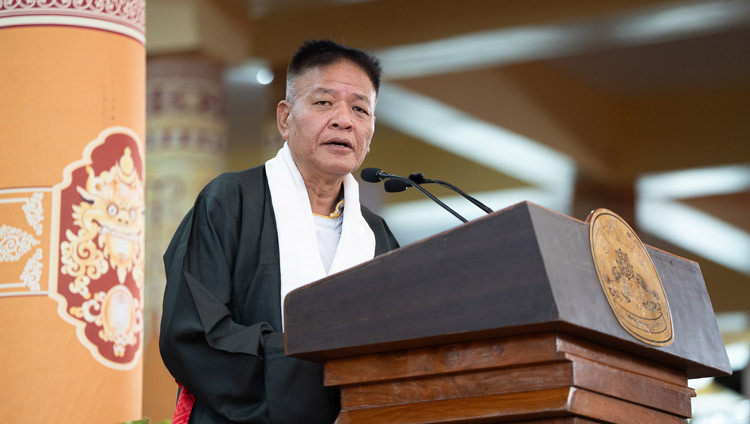 Sikyong Penpa Tsering delivering his introductory remarks at celebrations in honor of His Holiness the Dalai Lama's 90th birthday at the Main Tibetan Temple courtyard in Dharamsala, HP, India on July 6, 2025. Photo by Tenzin Choejor