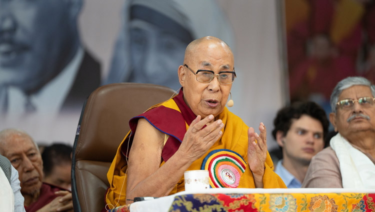 His Holiness the Dalai Lama addressing the congregation during celebrations in honor of his 90th birthday at the Main Tibetan Temple courtyard in Dharamsala, HP, India on July 6, 2025. Photo by Tenzin Choejor