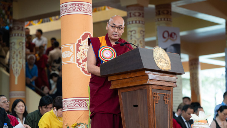 Speaker of the Tibetan Parliament-in-exile, Khenpo Sonam Tenphel speaking at celebrations in honor of His Holiness the Dalai Lama's 90th birthday at the Main Tibetan Temple courtyard in Dharamsala, HP, India on July 6, 2025. Photo by Tenzin Choejor