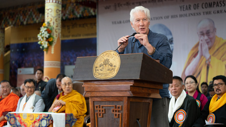 Richard Gere, Board Chairman, International Campaign for Tibet, speaking at the celebrations in honor of His Holiness the Dalai Lama's 90th birthday at the Main Tibetan Temple courtyard in Dharamsala, HP, India on July 6, 2025. Photo by Tenzin Choejor