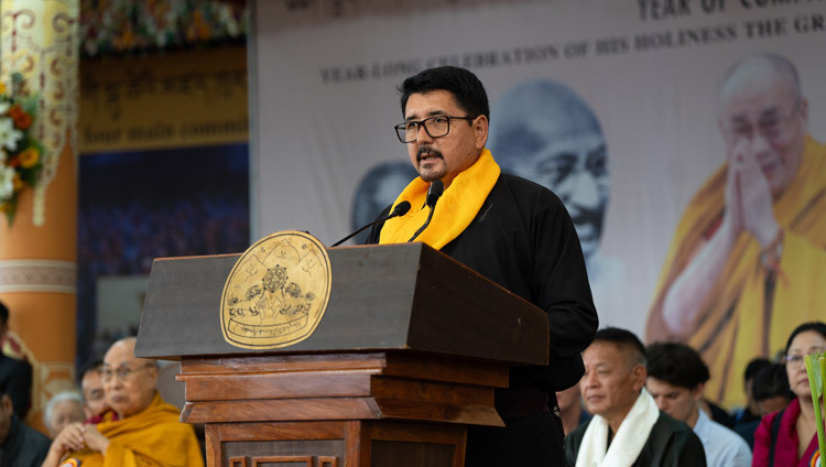 Tashi Gyalson, Chief Executive Councillor, Ladakh Autonomous Hill Development Council, delivering his remarks at celebrations in honor of His Holiness the Dalai Lama's 90th birthday at the Main Tibetan Temple courtyard in Dharamsala, HP, India on July 6, 2025. Photo by Tenzin Choejor