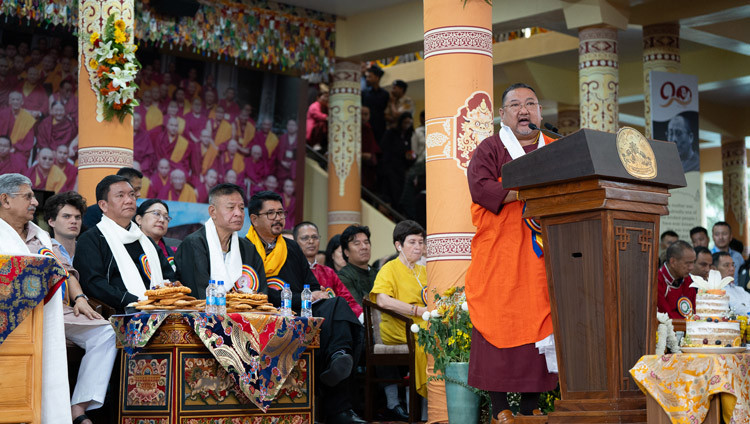 Sonam Lama, Minister of Ecclesiastical Affairs, Public Health Engineering and Water Resources of Sikkim, speaking at celebrations in honor of His Holiness the Dalai Lama's 90th birthday at the Main Tibetan Temple courtyard in Dharamsala, HP, India on July 6, 2025. Photo by Tenzin Choejor