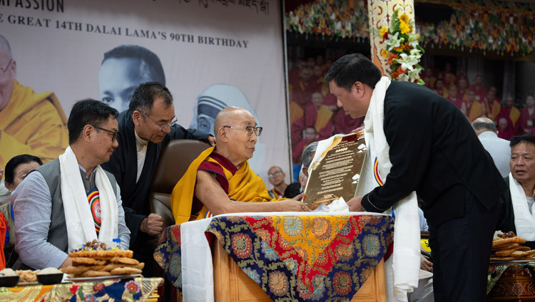 Pema Khandu, Chief Minister of Arunachal Pradesh, presenting a plaque to His Holiness the Dalai Lama during the celebrations in honor of His Holiness's 90th birthday at the Main Tibetan Temple courtyard in Dharamsala, HP, India on July 6, 2025. Photo by Tenzin Choejor