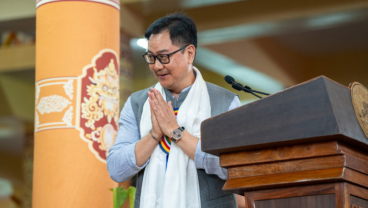 Shri Kiren Rijiju, Union Minister of Parliamentary Affairs, Government of India, speaking at celebrations in honor of His Holiness the Dalai Lama's 90th birthday at the Main Tibetan Temple courtyard in Dharamsala, HP, India on July 6, 2025. Photo by Tenzin Choejor