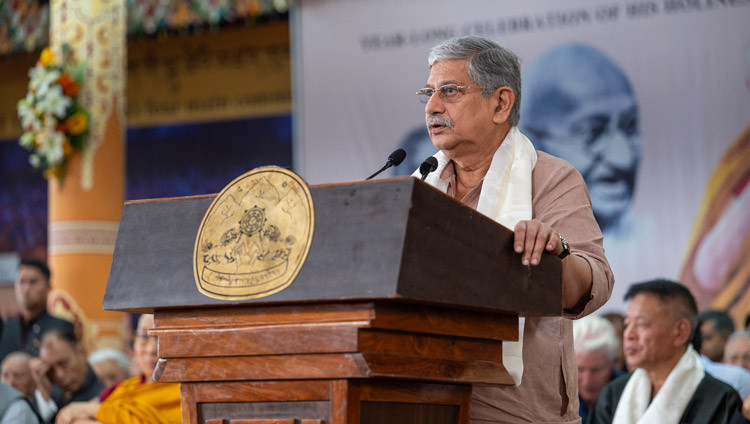 Rajiv Ranjan Singh, Minister of Panchayati Raj and Minister of Fisheries, Animal Husbandary and Dairying, Government of India, delivering his remarks at during celebrations in honor of His Holiness the Dalai Lama's 90th birthday at the Main Tibetan Temple courtyard in Dharamsala, HP, India on July 6, 2025. Photo by Ven Zamling Norbu