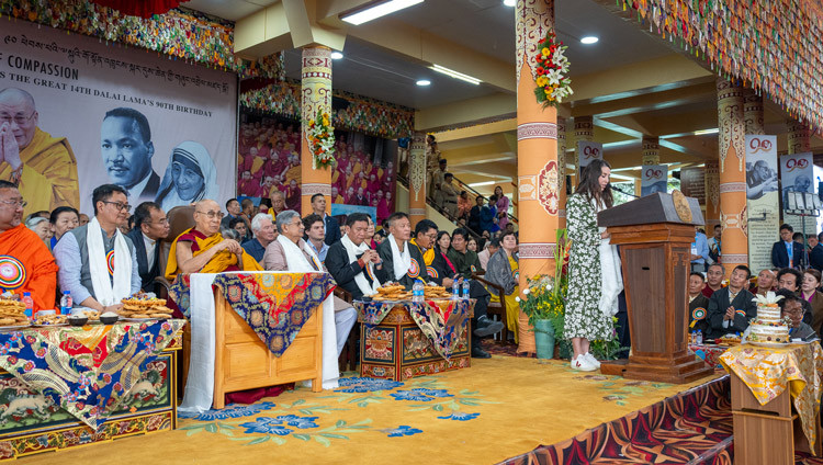 Bethany Poulos Morrison, US Deputy Assistant Secretary for India and Bhutan, reading US Secretary of the State Marco Rubio's birthday message for His Holiness the Dalai Lama during celebrations in honor of His Holiness's 90th birthday at the Main Tibetan Temple courtyard in Dharamsala, HP, India on July 6, 2025. Photo by Tenzin Choejor