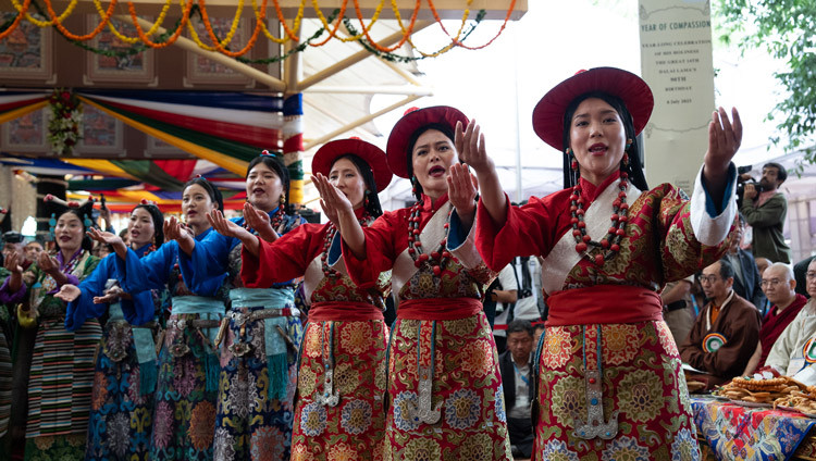Artists from the Tibetan Institute of Performing Arts performing at celebrations in honor of His Holiness the Dalai Lama's 90th birthday at the Main Tibetan Temple courtyard in Dharamsala, HP, India on July 6, 2025. Photo by Tenzin Choejor