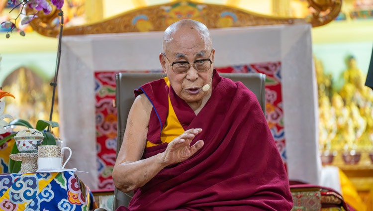 His Holiness the Dalai Lama addressing the gathering at his residence in Shewatsel, Leh, Ladakh, India on July 12, 2025. Photo by Tenzin Choejor