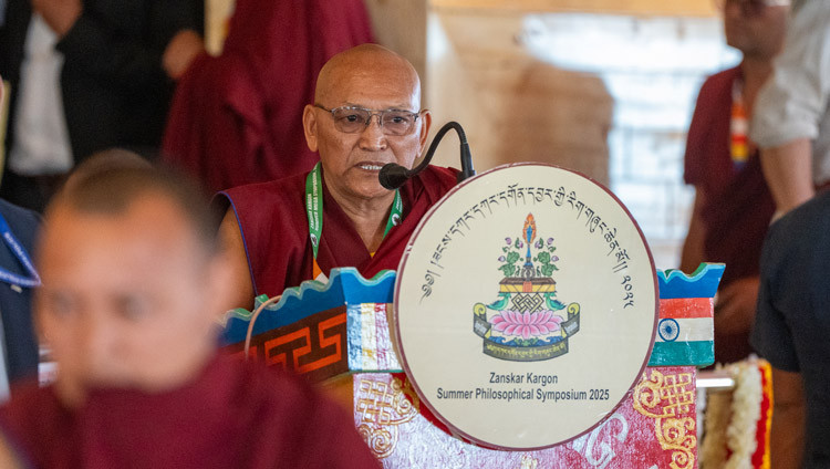 Chair of the Organizing Committee of the Summer Mega Symposium, Geshé Losang Tsephel delivering his opening remarks at the inauguration ceremony at the new Karsha Phodrang in Zanskar, Ladakh, India on July 21, 2025. Photo by Tenzin Choejor