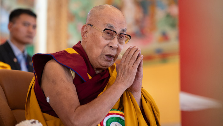 His Holiness the Dalai Lama addressing the congregation at the Inauguration of the KarGön Mega Summer Symposium at the new Karsha Phodrang in Zanskar, Ladakh, India on July 21, 2025. Photo by Tenzin Choejor