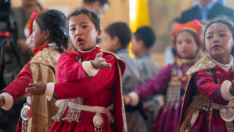 Children from the Rainbow School performing at the Inauguration of the KarGön Mega Summer Symposium at the new Karsha Phodrang in Zanskar, Ladakh, India on July 21, 2025. Photo by Tenzin Choejor