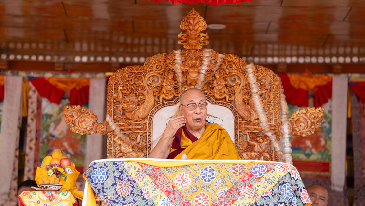His Holiness the Dalai Lama addressing the congregation during Long Life Prayers offered to him by the people of Ladakh at the Kalachakra Ground in Padum, Zanskar, Ladakh, India on July 23, 2025. Photo by Tenzin Choejor