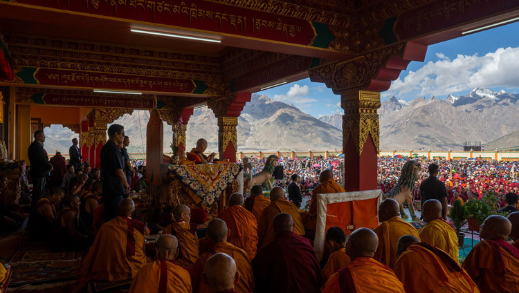 His Holiness the Dalai Lama looking out at some of the estimated 21,000 people who had gathered to listen to his teaching at the Karsha Phodrang in Zanskar, Ladakh, India on July 25, 2025. Photo by Tenzin Choejor