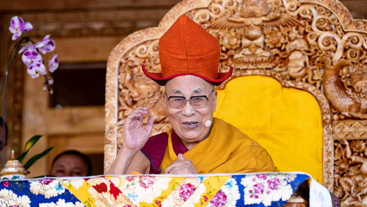 His Holiness the Dalai Lama wearing a Zanskari hat before the start of his teaching at the Karsha Phodrang in Zanskar, Ladakh, India on July 25, 2025. Photo by Tenzin Choejor