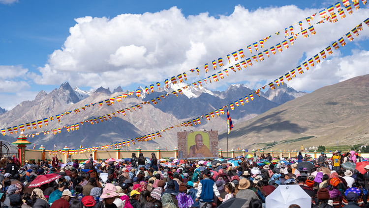 Some of the crowd watching His Holiness the Dalai Lama on a big screen during his teaching at Karsha Phodrang in Zanskar, Ladakh, India on July 25, 2025. Photo by Tenzin Choejor