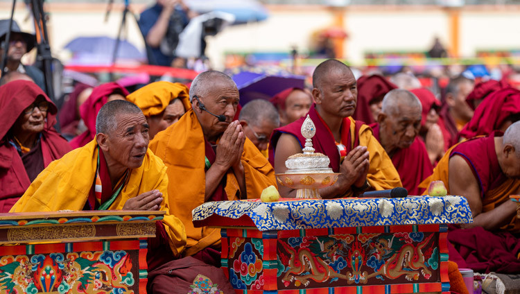 The Chant Master and his assistants listening to His Holiness the Dalai Lama during his teaching at Karsha Phodrang in Zanskar, Ladakh, India on July 25, 2025. Photo by Tenzin Choejor