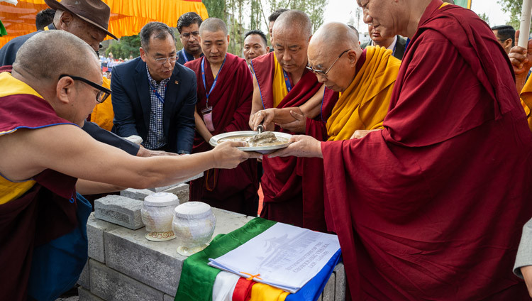 His Holiness the Dalai Lama laying the foundation stone at the Jokhang site in Leh, Ladakh, India on August 3, 2025. Photo by Ven Zamling Norbu