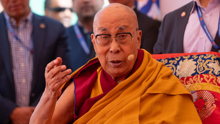 His Holiness the Dalai Lama addressing the gathering at the Jokhang site in Leh, Ladakh, India on August 3, 2025. Photo by Tenzin Choejor