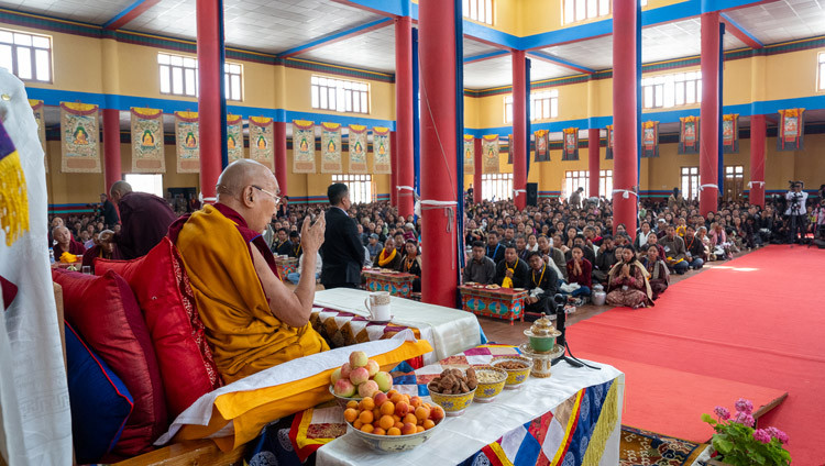 His Holiness the Dalai Lama addressing the congregation at the  Dharma Centre built by the Ladakh Gonpa Association in Choglamsar, Leh, Ladakh, India on August 3, 2025. Photo by Tenzin Choejor