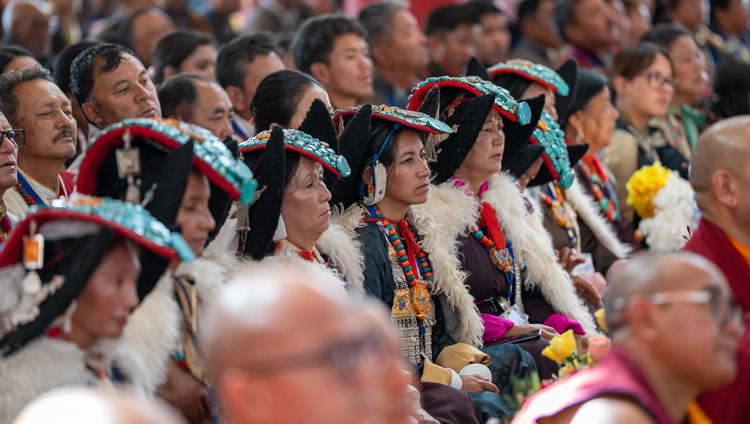 Members of the audience listening to His Holiness the Dalai Lama speaking at the Dharma Centre built by the Ladakh Gonpa Association in Choglamsar, Leh, Ladakh, India on August 3, 2025. Photo by Tenzin Choejor