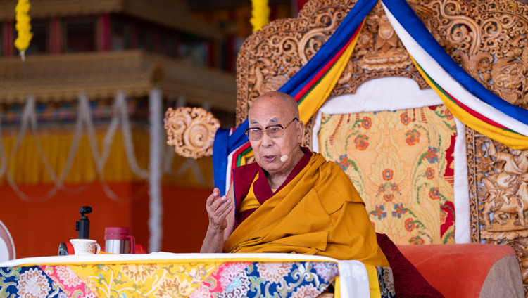 His Holiness the Dalai Lama addressing the congregation attending his teaching at the Kalachakra Teaching Ground in Leh, Ladakh, India on August 16, 2025. Photo by Tenzin Choejor