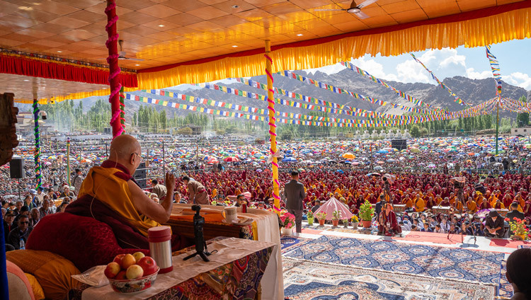 A view from the stage during His Holiness the Dalai Lama's teaching at the Kalachakra Teaching Ground in Leh, Ladakh, India on August 16, 2025. Photo by Tenzin Choejor