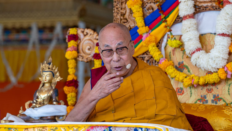 His Holiness the Dalai Lama addressing the congregation during the Long Life Prayers at the Kalachakra Teaching Ground in Leh, Ladakh, India on August 17, 2025. Photo by Tenzin Choejor