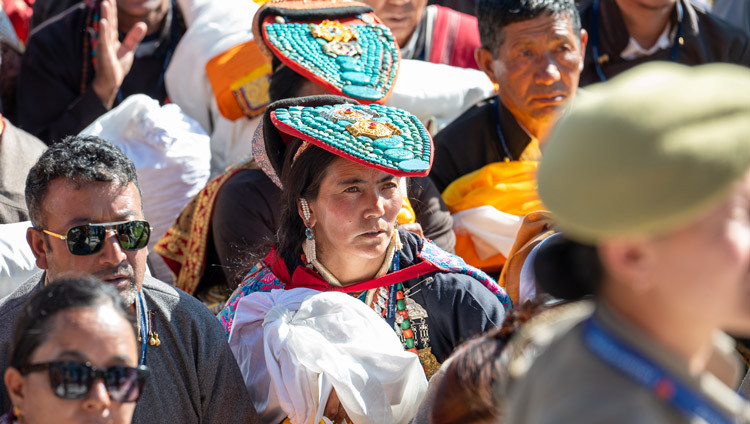 Members of the crowd listening to His Holiness the Dalai Lama speaking during the Long Life Prayers at the Kalachakra Teaching Ground in Leh, Ladakh, India on August 17, 2025. Photo by Ven Zamling Norbu