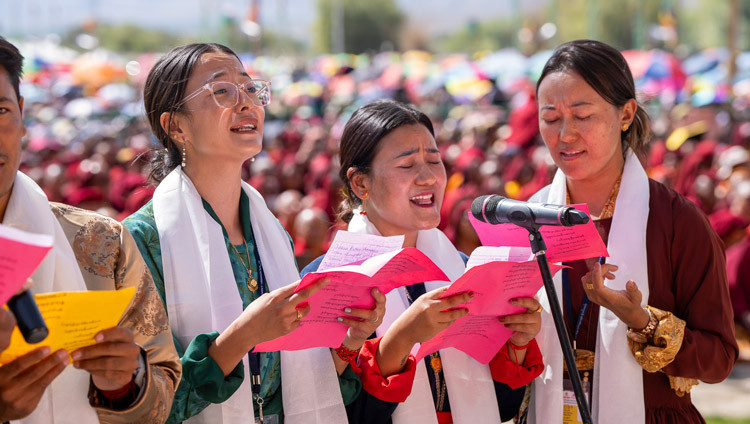 Members of a group of Ladakhi singers and musicians performing at the Long Life Prayers for His Holiness the Dalai Lama at the Kalachakra Teaching Ground in Leh, Ladakh, India on August 17, 2025. Photo by Tenzin Choejor