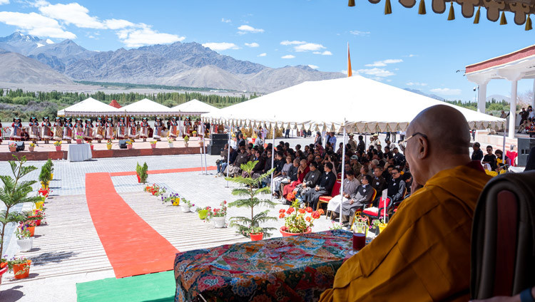 His Holiness the Dalai Lama watching a cultural performance by 21 Ladakhi women at Sindhu Ghat in Leh, Ladakh, India on August 22, 2025. Photo by Tenzin Choejor