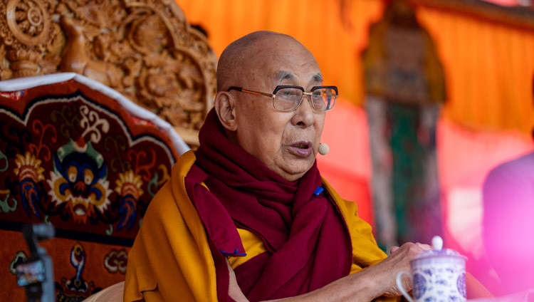 His Holiness the Dalai Lama addressing the congregation at Abi-Spang Spituk in Leh, Ladakh, India on August 24, 2025. Photo by Tenzin Choejor