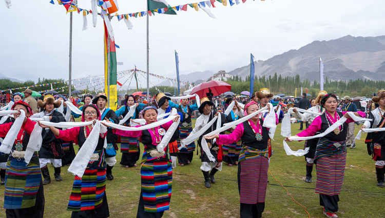 Members of Sonamling Tibetan Settlement performing during the luncheon program in honour of His Holiness the Dalai Lama at Abi-Spang Spituk in Leh, Ladakh, India on August 24, 2025. Photo by Ven Zamling Norbu