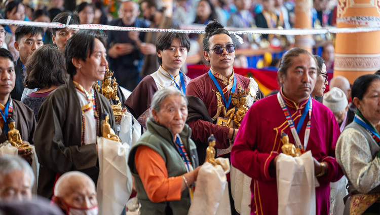 Representatives from the organizers lined up holding offerings during the Long Life Prayers for His Holiness the Dalai Lama at the Main Tibetan Temple in Dharamsala, HP, India on September 10, 2025. Photo by Ven Zamling Norbu