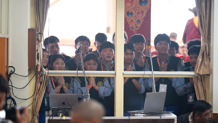 Students from TCV singing a song for His Holiness the Dalai Lama during the Long Life Prayers at the Main Tibetan Temple in Dharamsala, HP, India on September 10, 2025. Photo by Ven Zamling Norbu