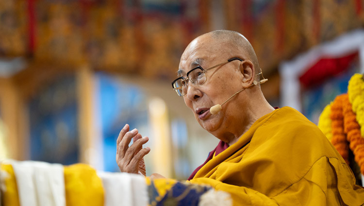 His Holiness the Dalai Lama addressing the congregation during the Long Life Prayers at the Main Tibetan Temple in Dharamsala, HP, India on September 10, 2025. Photo by Tenzin Choejor