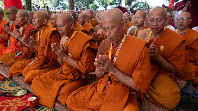 Theravada monks chanting prayers in Pali for HIs Holiness the Dalai Lama's long life and world peace during the Long Life Prayers and Cultural Performances at the Main Tibetan Temple courtyard in Dharamsala, HP, India on September 20, 2025. Photo by Tenzin Choejor