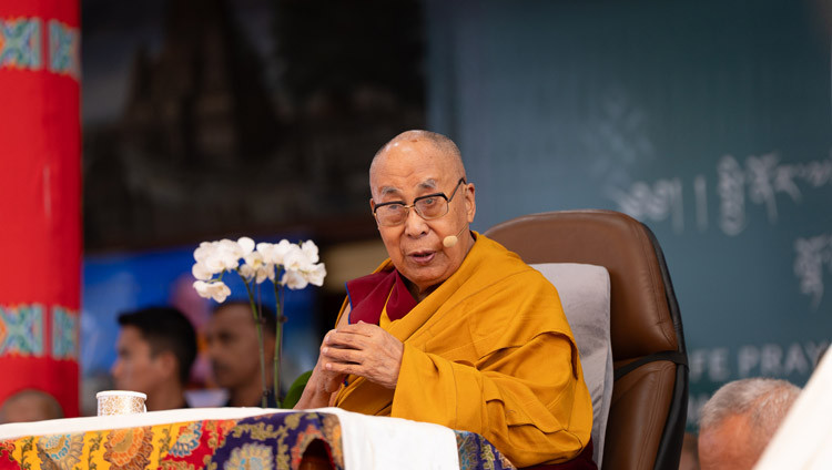 His Holiness the Dalai Lama addressing the congregation during the Long Life Prayers and Cultural Performances at the Main Tibetan Temple courtyard in Dharamsala, HP, India on September 20, 2025. Photo by Tenzin Choejor