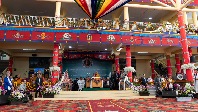 A view of dais at the Main Tibetan Temple courtyard during the Long Life Prayers and Cultural Performances in Dharamsala, HP, India on September 20, 2025. Photo by Tenzin Choejor