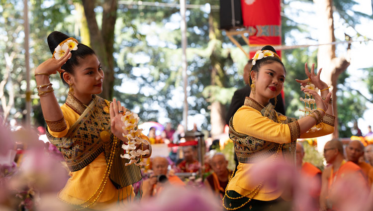 Dancers from Laos performing for His Holiness the Dalai Lama during the Long Life Prayers and Cultural Performances at the Main Tibetan Temple courtyard in Dharamsala, HP, India on September 20, 2025. Photo by Tenzin Choejor