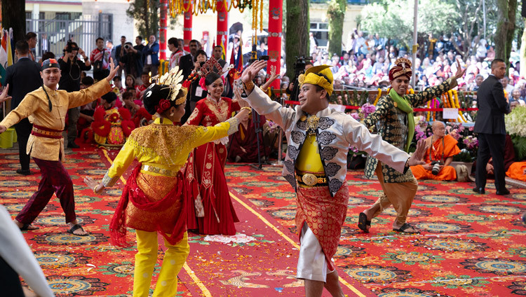 A group from Malaysia performing during the Long Life Prayers and Cultural Performances at the Main Tibetan Temple courtyard in Dharamsala, HP, India on September 20, 2025. Photo by Ven Zamling Norbu