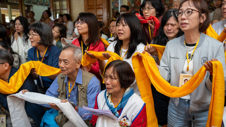 Members of the audience from Taiwan watching as His Holiness the Dalai Lama arrives for his teaching at the Main Tibetan Temple in Dharamsala, HP, India on October 4, 2025. Photo by Tenzin Choejor