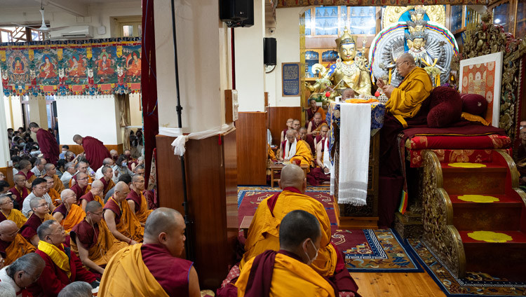 His Holiness the Dalai Lama addressing the congregation during his teaching at the Main Tibetan Temple in Dharamsala, HP, India on October 4, 2025. Photo by Tenzin Choejor