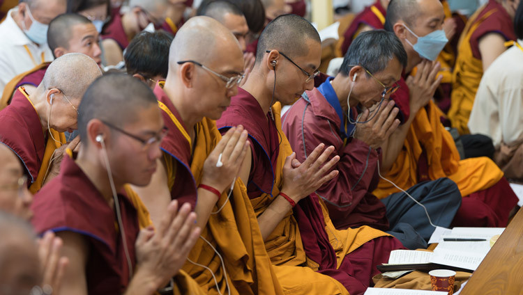 Members of the audience taking Bodhisttva Vows from His Holiness the Dalai Lama at the Main Tibetan Temple in Dharamsala, HP, India on October 4, 2025. Photo by Tenzin Choejor