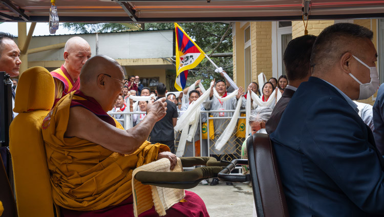 His Holiness the Dalai Lama returning to his residence at the conclusion of the Long Life Prayers at the Main Tibetan Temple in Dharamsala, HP, India on October 8, 2025. Photo by Tenzin Choejor