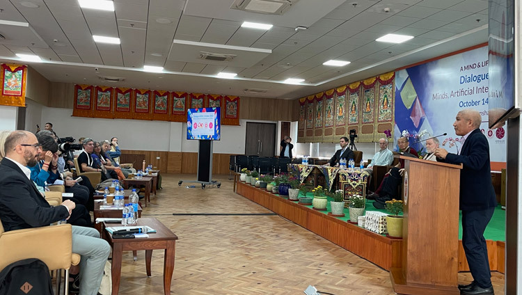 Chairman of the Mind & Life Board, Thupten Jinpa delivering his opening remarks at the Mind & Life Dialogue XXXIX held at the Dalai Lama Library and Archive in Dharamsala, HP, India from October 14-16, 2025. Photo courtesy of Mind & Life institute