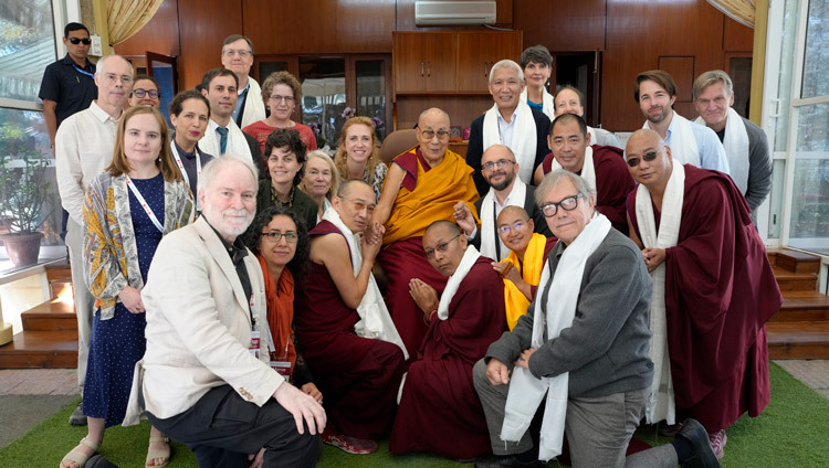 His Holiness the Dalai Lama posing for a photo with participants in the Mind & Life Dialogue XXXIX at his residence in Dharamsala, HP, India on October 17, 2025. Photo by Tenzin Choejor