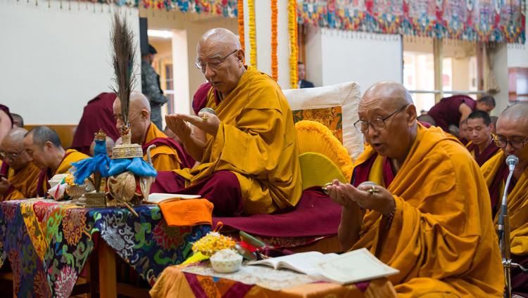 Thomtog Rinpoche presiding over the Long Life Prayers for His Holiness the Dalai Lama at the Main Tibetan Temple in Dharamsala, HP, India on October 31, 2025. Photo by Tenzin Choejor