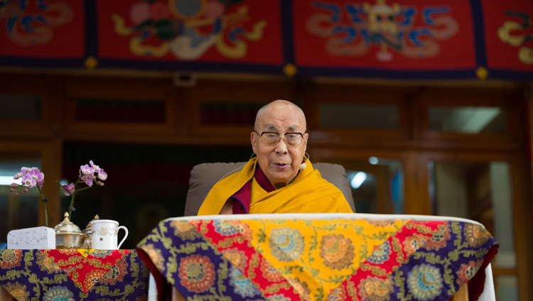 His Holiness the Dalai Lama addressing the congregation during the Long Life Prayers at the Main Tibetan Temple courtyard in Dharamsala, HP, India on November 11, 2015. Photo by Tenzin Choejor