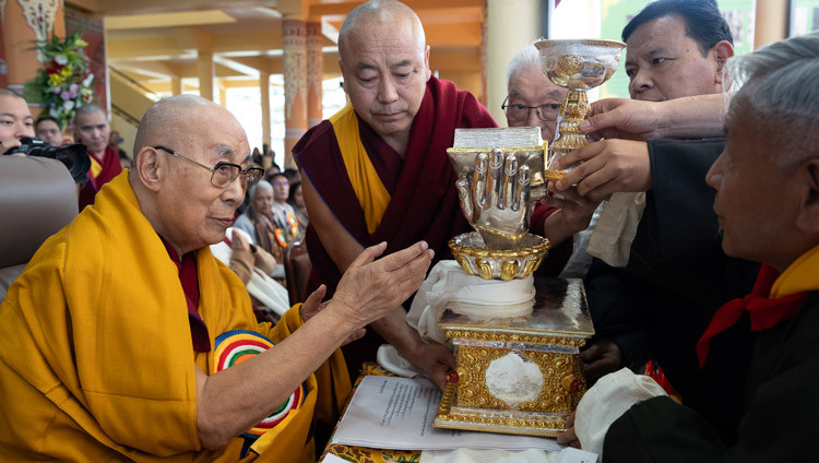 Memento of Gratitude being presented to His Holiness the Dalai Lama during the Celebration of the 75th Anniversary of His Holiness the Dalai Lama’s Assumption of the Spiritual and Temporal Leadership of Tibet at the Main Tibetan Temple courtyard in Dharamsala, HP, India on November 17, 2025. Photo by Tenzin Choejor